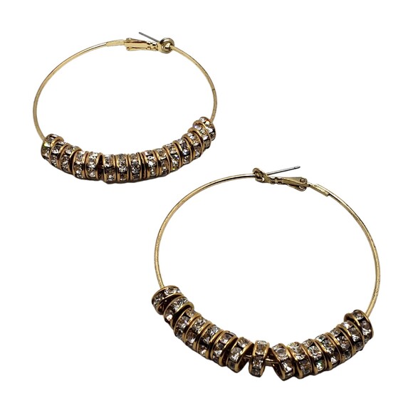 Large Gold Tone Rhinestone Charms Pierced Hoop Earrings 2 3/4" - Picture 6 of 9